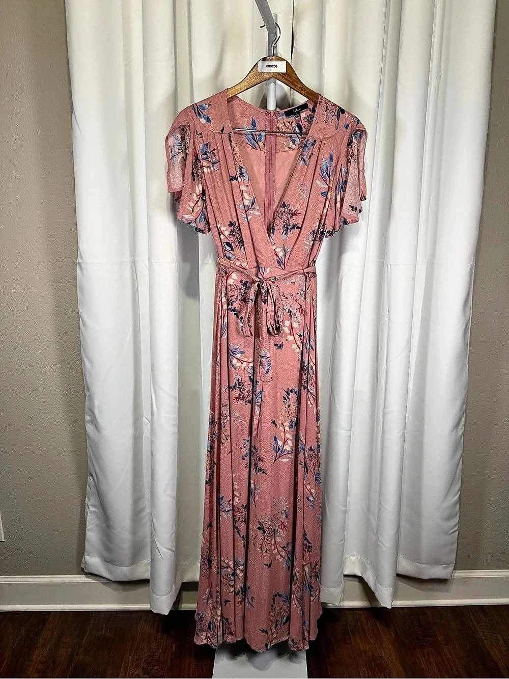 Lulus Women’s Large Dusty Rose Floral Wrap Maxi Dress Flutter Sleeve Boho